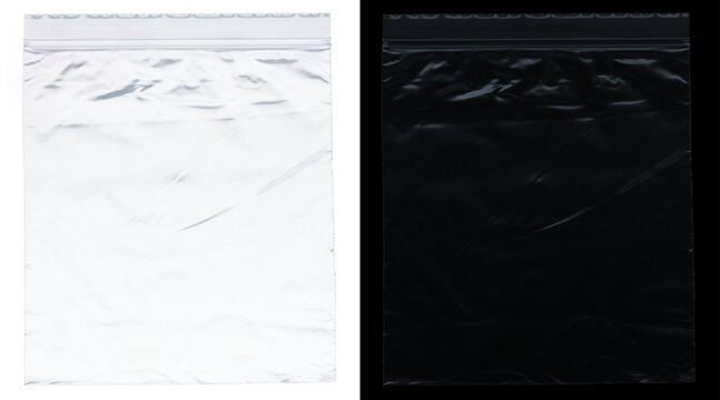 Transparent plastic zipper bag texture, clear polyethylene pouch with wrinkles, empty ziplock bag mockup on white and black background