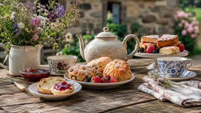 Afternoon tea spread with scones, jam, teapot, teacups and fresh strawberries on a rustic wooden table in a garden
