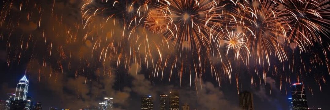 Golden fireworks burst above a modern city skyline during a festive night celebration