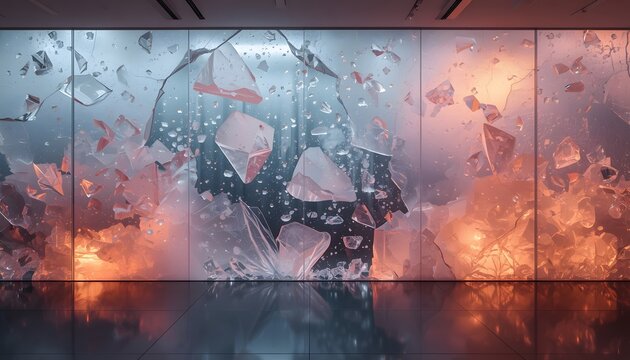 Abstract shattered glass wall with floating crystal fragments and glowing orange reflections on floor with modern interior wall breaking glass floating geometric shards