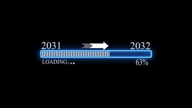 New year 2032 loading bar animation, Loading bar from 2031 to 2032 new year transfer animation. Almost reaching New Year on black background. Welcoming the happy new year 2027 4k video.