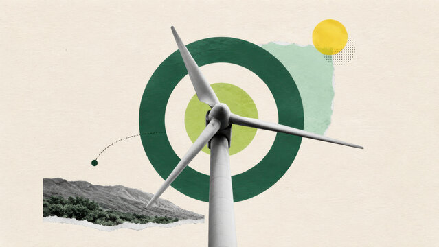 Wind turbine with target rings and landscape cutout showing renewable energy goals, clean power investment and sustainable infrastructure
