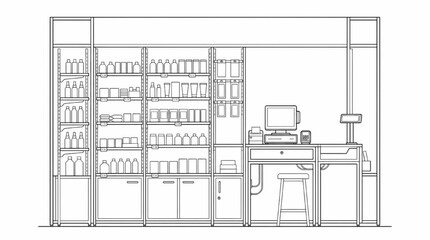 Obraz premium Retail store front elevation with shelving unit and product row, checkout counter with POS monitor and receipt printer, architectural elevation drawing