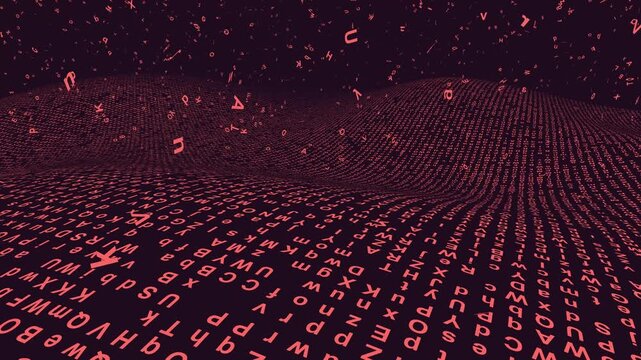 Red neon cryptographic data script cascades over a dark digital wave surface in a hypnotic 3D animation loop for cyber security title sequences