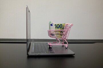 Pack of 100 euro banknotes in pink toy shopping cart on open laptop, online shopping and e-commerce concept © Stanislava