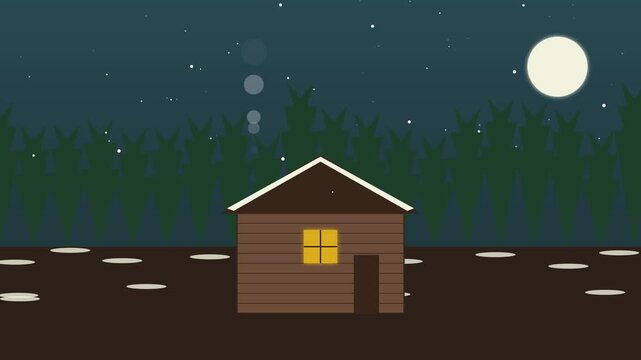 Cozy cabin in snowy forest at night with full moon and falling snow animation 4k winter
