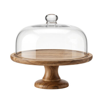 Wooden pedestal cake stand with clear glass dome with dome cover isolated on transparent background