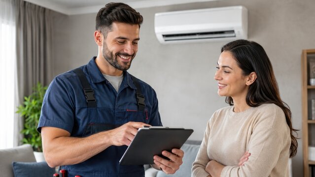 Technician explains air conditioner service to a smiling homeowner inside a modern living room