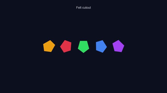Felt cutout shapes animation: colorful geometric pentagons rotating on dark 4k background, for creative and, educational projects