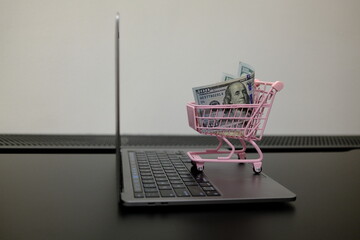 Pack of 100 US dollar bills in pink toy shopping cart on open laptop, online shopping and e-commerce concept © Stanislava