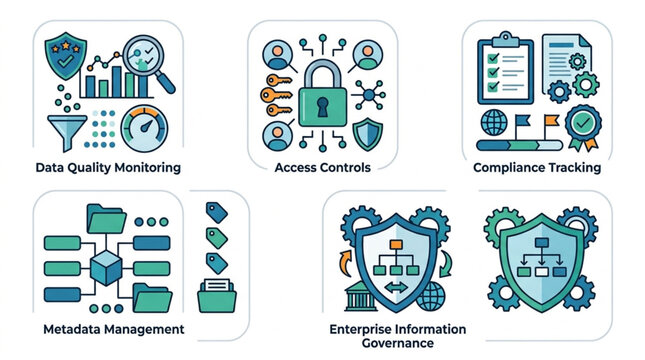 Set of icons representing data management and security concepts.