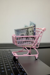 Pack of 100 US dollar bills in pink toy shopping cart on open laptop, online shopping and e-commerce concept © Stanislava
