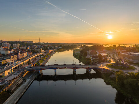 Old town bridge and St. Marys cathedral at sunset in Gorzow Wielkopolski. Poland