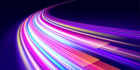 Radiant laser beams stretch across a futuristic street with glowing motion trails and vibrant reflections. Bright light creates visual speed and depth. A striking abstract vector artwork. © IvanLi