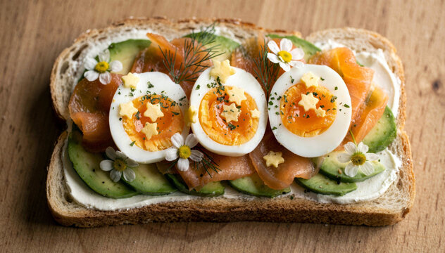 A Fresh Avocado Toast with Smoked Salmon, Boiled Eggs and Floral Garnish