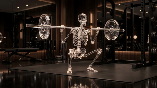 AI-generated futuristic biomechanics concept: clear crystalline skeleton executing a perfect squat with crystal Olympic bar, dark gym environment