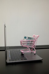 Pack of 1,000 Russian ruble banknotes in pink toy shopping cart on open laptop, online shopping and e-commerce concept © Stanislava