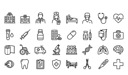 Naklejka premium Editable Medical Web Thin Line Icons Pack with Healthcare Hospital Doctor Patient Medicine and Treatment Symbols Vector