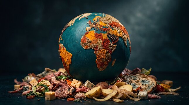 A globe surrounded by rotting food representing global food waste and environmental issues