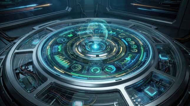 Futuristic circular interface with glowing data visualization, tech automation and cybernetic design, high detail electronic