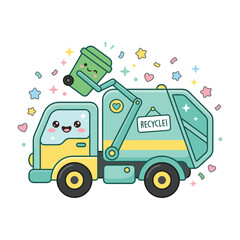 Fototapeta premium Friendly recycling truck character lifting a green bin