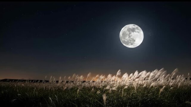 Full moon over a field of tall grass at night