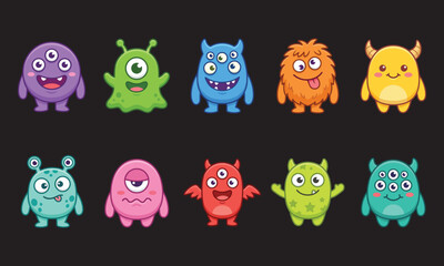 Fototapeta premium Halloween colorful monster characters on black background