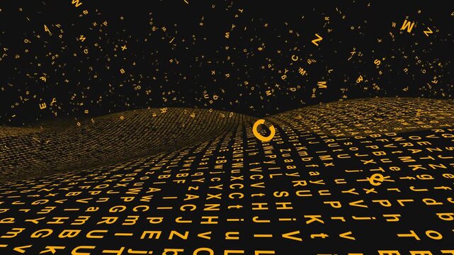 Golden glowing data characters drift over a dark liquid digital topography in a luxury tech 3D animation loop for corporate award introductions