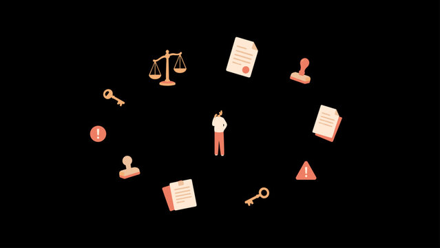 Tiny legal client standing alone with floating scales, papers, stamps, keys, and warning icons, client, law, scales, papers,