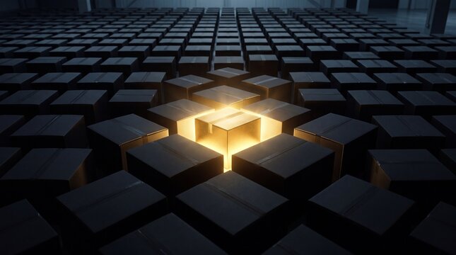 A glowing golden cube stands out among many dark cubes in a vast industrial space