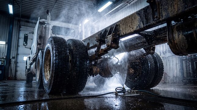A large truck is being washed in an industrial garage with high-pressure water jets
