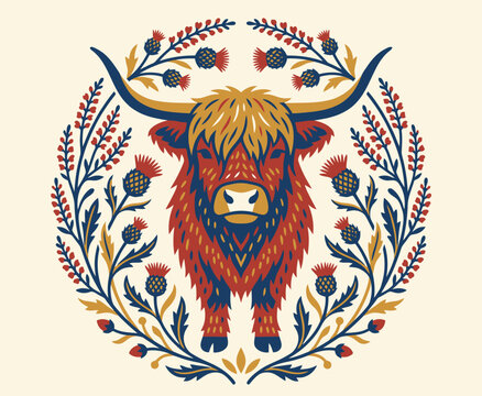 Folk art vector illustration of a decorated Highland cow head surrounded by a symmetric wreath frame of thistle flowers and heather in a traditional Scottish style