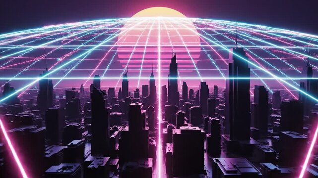 Futuristic city silhouette under a glowing neon laser dome with a retro synthwave sun background