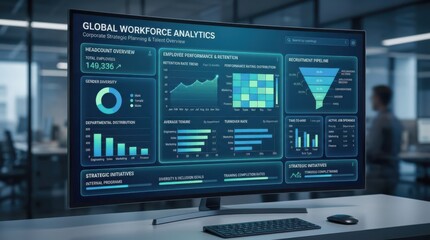Fototapeta premium HR dashboard with a blue workforce analytics interface for professional business management. This futuristic digital technology