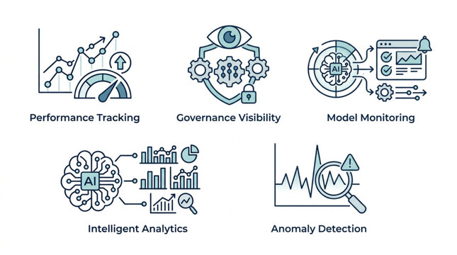 Set of five icons representing data analytics and artificial intelligence concepts.