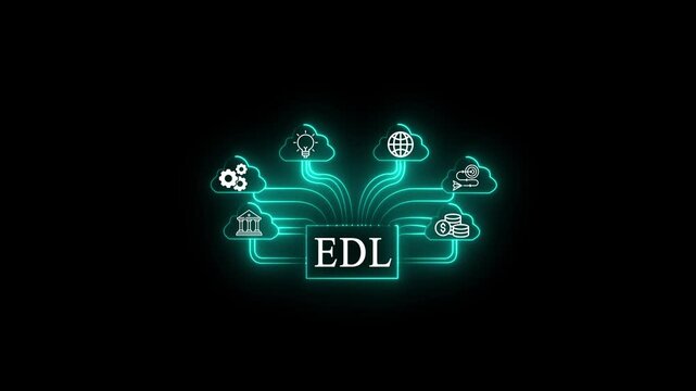 Glowing neon green digital network diagram showcasing EDL platform connecting cloud services like finance, strategy, global technology, and business integration.
