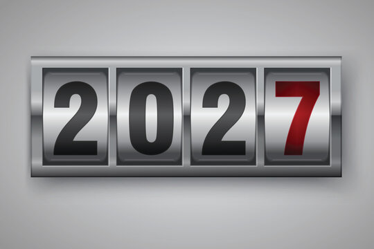 Vector illustration of a mechanical counter display showing the year 2027. Metallic score wheels with bold black and red digits stand in a silver frame against a light background.