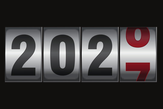 Vector illustration of a mechanical scoreboard counter changing to 2027. Metallic score wheels turn from year 2026 to 2027, symbolizing new beginnings and progression.