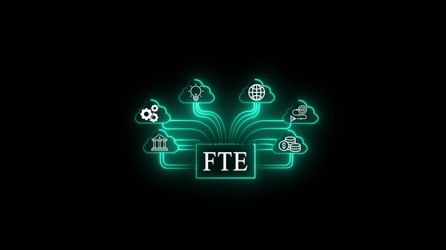 Glowing neon green digital network diagram showcasing FTE platform connecting cloud services like finance, strategy, global technology, and business integration.
