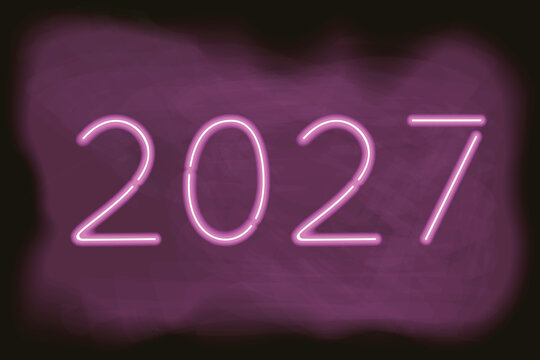 Vector illustration of 2027 in bright pink neon tube font. The luminous numbers shine against a dark purple background, making it ideal for New Year banner design.