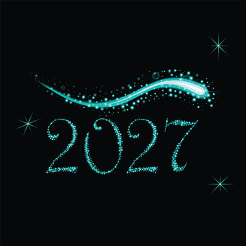 Vector illustration of 2027 formed by turquoise sparkling dots. A glowing stardust comet trail and bright twinkling stars enhance the festive design on a dark background.