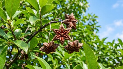 Fototapeta premium A close-up view of star anise fruits hanging from a tree branch with green leaves and a blue sky in the background.