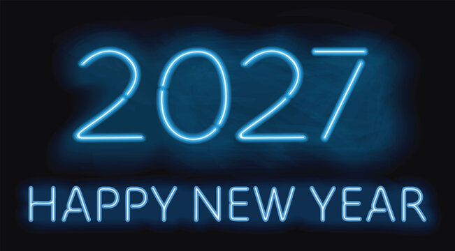 Vector illustration of Happy New Year 2027 in bright blue neon tube font. The luminous lettering shines with subtle light smoke on a dark background.