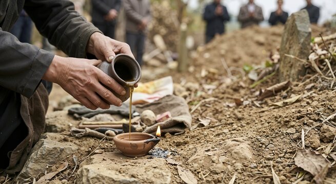 Traditional burial ritual with oil pouring into clay lamp. Cultural funeral customs