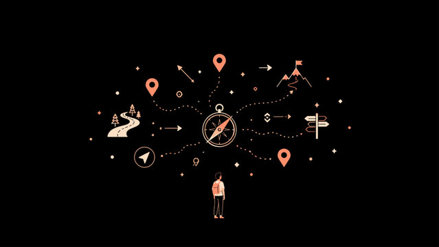 Tiny navigator figure standing alone among floating compasses, arrows, map pins, roads, and destination icons, navigator, compass,