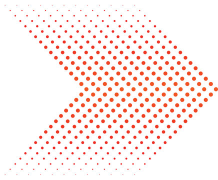 Abstract arrow shape formed by red halftone dots on a clean white background