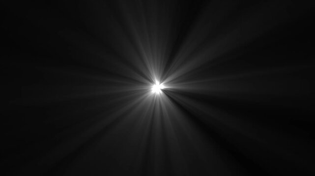 Brilliant White Light Burst with Radiating Rays on Dark Background, Cinematic Lens Flare Effect, Dramatic Illumination Motion Graphics, Seamless 4K Visual Effects Background for Video Editing.