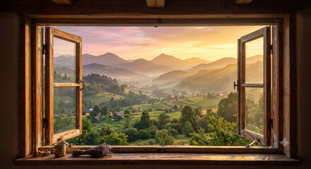 Fototapeta premium Open wooden window overlooking a breathtaking mountain valley at sunrise with warm golden light creating a peaceful travel and lifestyle concept