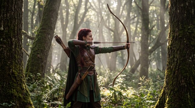A woman dressed as an elf archer stands in a forest, aiming a bow and arrow.