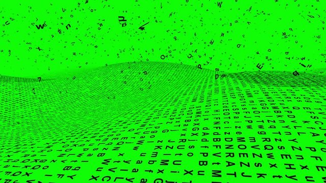 Random digital letters and typography symbols scatter across a curved green grid surface in a dynamic 3D animation loop for tech presentations